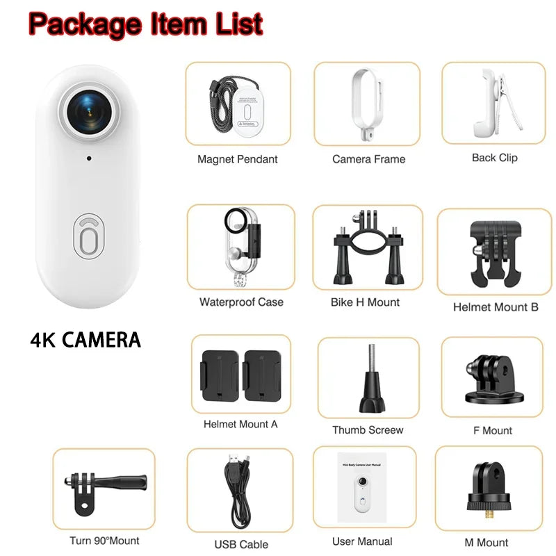Mini Sports Action Camera 4K Ultra Portable Magnetic Lanyard Rotating Clip Wireless Body Cam for Bicycle Clothing Mounts
